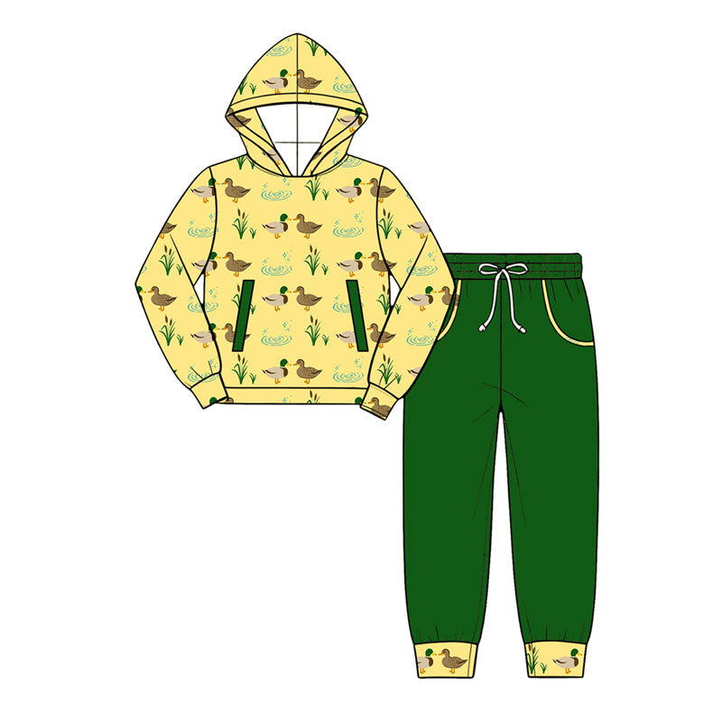 Preorder (moq 5) Baby Boy Clothes Mallard Duck Grass Lake Print Long Sleeve Hooded Top Jogger Pant Set