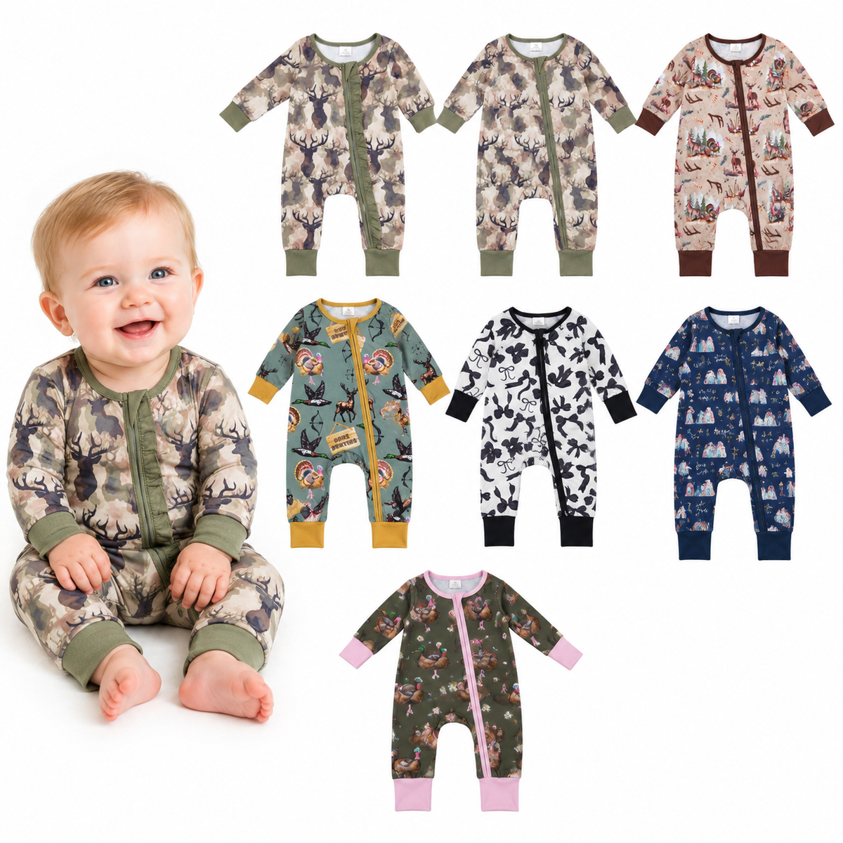 NO MOQ RTS LR0661 Baby Boy Clothes Buck Deer Camo Print Long Sleeve Zipper Romper 202610