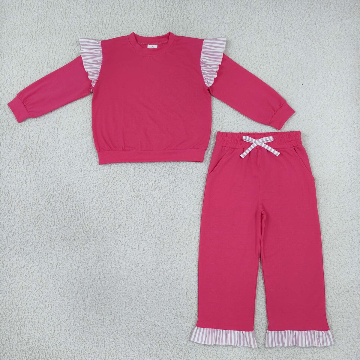 NO MOQ RTS GLP3701-bundle Baby Girl Clothes Solid Hot Pink Stripe Ruffle Accent Long Sleeve Top Wide Leg Pant Set 202610