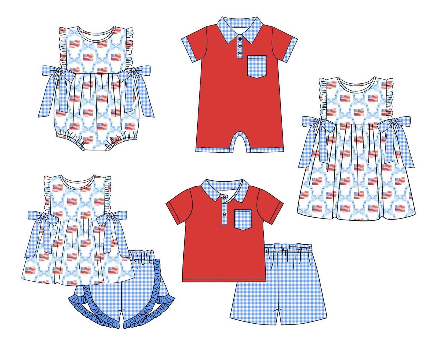 SR2353 USA Flag 4th July blue plaid bow girl romper preorder 202412