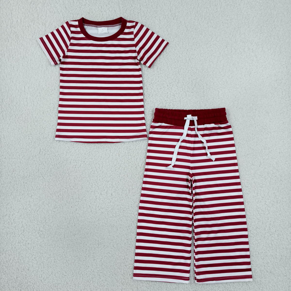 NO MOQ RTS GSPO2384 Baby Boy Clothes Red White Striped Print Short Sleeve Top Wide Leg Pant Set 202610