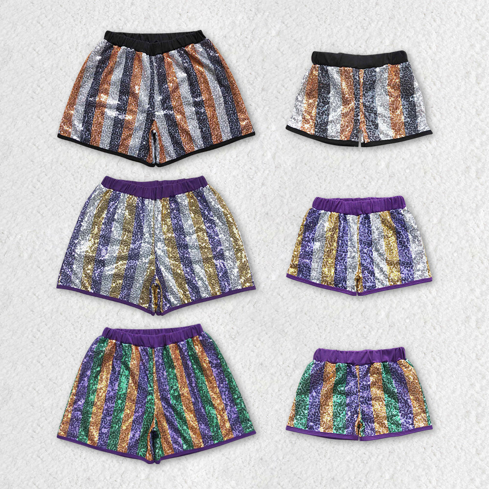 SS0119 adult sequin adult shorts purple yellow green Stripe Mardi Gras RTS 20230926