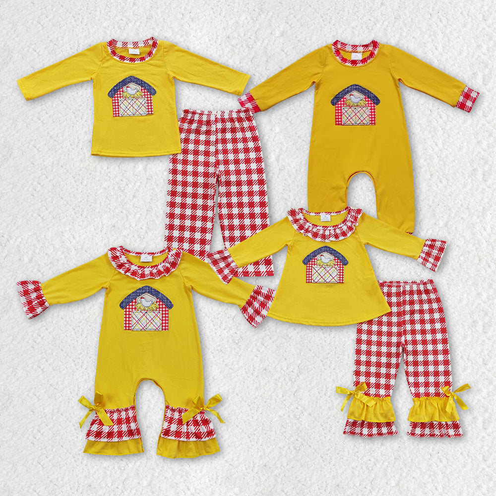 promotion BLP0198 embroidery chicken long sleeve plaid pajamas children boy outfit RTS 20230804