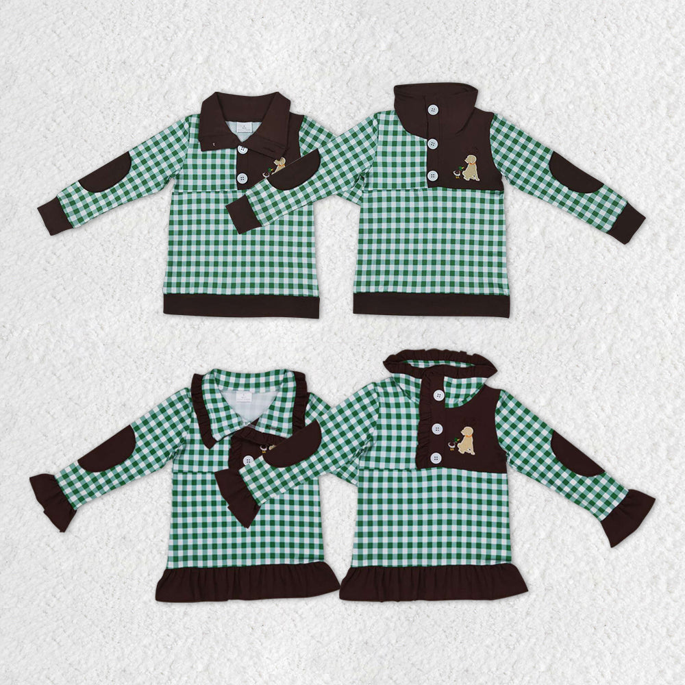 GT0284 RTS embroidery green plaid girl boy long sleeve coat pullover top 20231012