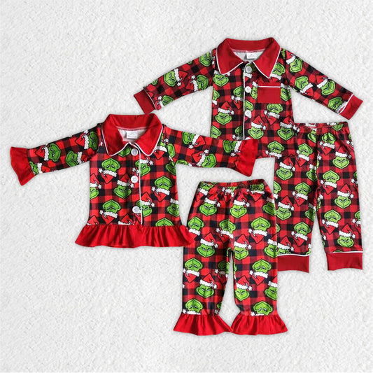 6 B1-25 Christmas boy green grin cartoon button red collar lace long sleeve pajamas boy outfit 20230630 RTS