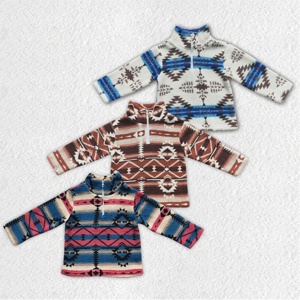 BT0353 Zipper plush style stand-up collar blue geometric soft comfortable winter coat 20230901
