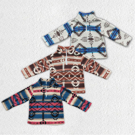 BT0353 Zipper plush style stand-up collar blue geometric soft comfortable winter coat 20230901