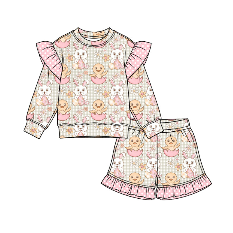 Preorder (moq 5) Baby Girl Clothes Easter Bunny Chick Gingham Print Long Sleeve Ruffle Top Ruffle Shorts Outfit Set