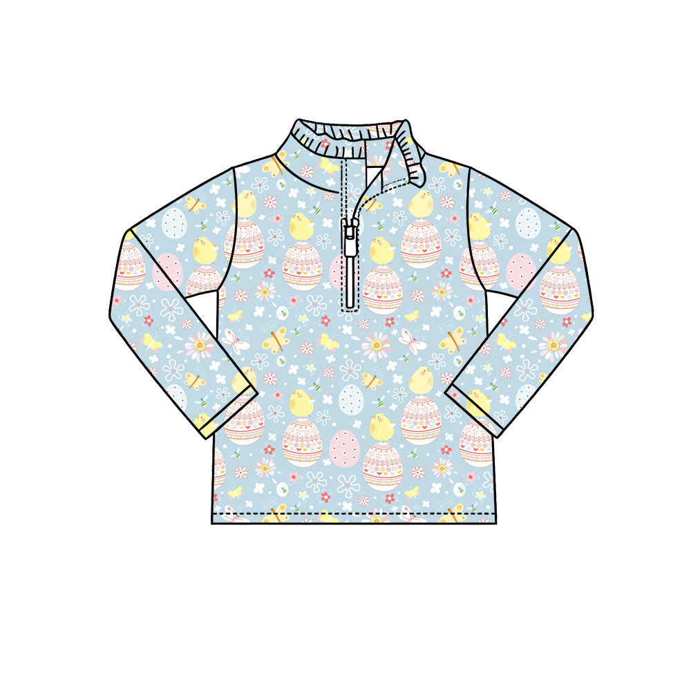 Preorder (moq 5) Baby Girl Clothes Easter Chick & Egg Print Long Sleeve Half Zip Top