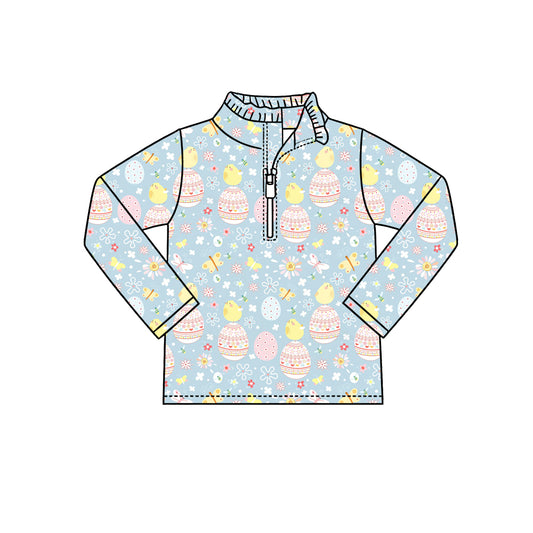 Preorder (moq 5) Baby Girl Clothes Easter Chick & Egg Print Long Sleeve Half Zip Top
