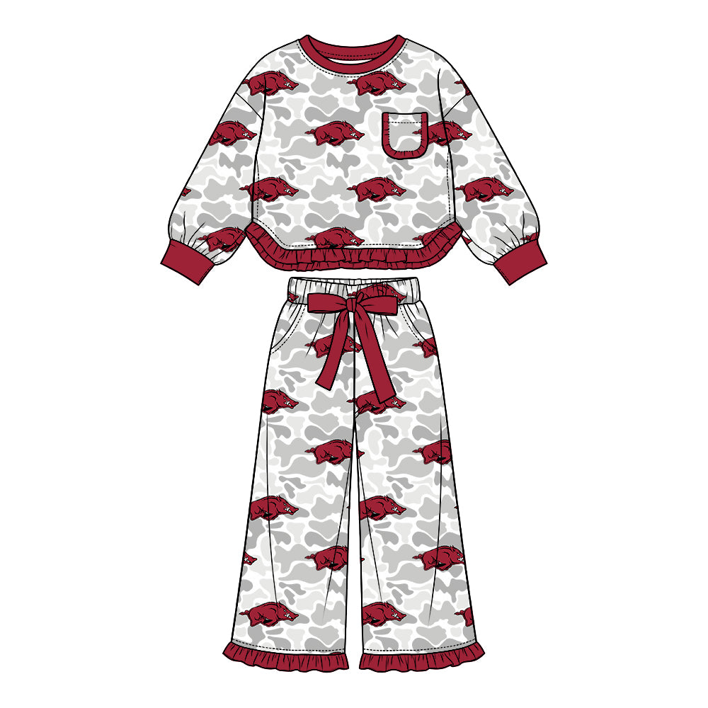 Preorder (moq 5) Arkansas Baby Girl Clothes Grey Camo Logo Mixed Print Long Sleeve Ruffle Top Wide Leg Ruffle Pants Outfit Set