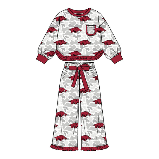 Preorder (moq 5) Arkansas Baby Girl Clothes Grey Camo Logo Mixed Print Long Sleeve Ruffle Top Wide Leg Ruffle Pants Outfit Set