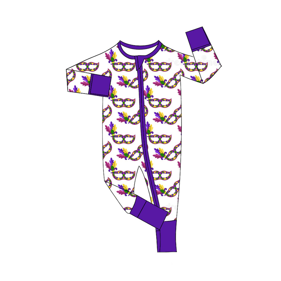 Preorder (moq 5) Baby Girl Clothes Mardi Gras Mask Feather Print Long Sleeve Zipper Romper Jumpsuit