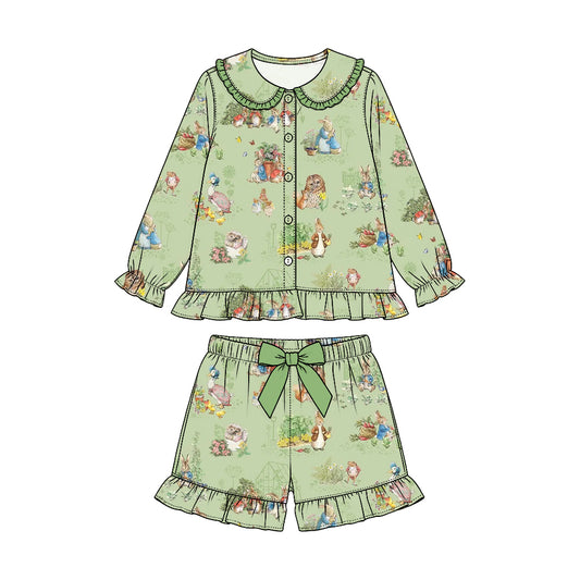 Preorder (moq 5) Baby Girl Clothes Green Farm Bunny Wildlife Vintage Print Long Sleeve Ruffle Collar Short Pajama Set
