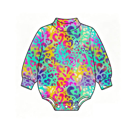 Preorder (moq 5) Baby Girl Clothes Valentine Rainbow Leopard Heart Print Long Sleeve Bubble Romper