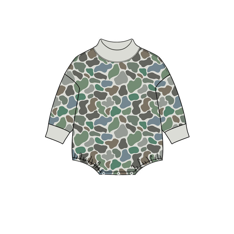 Preorder (moq 5) Baby Boy Clothes Green Duck Camo Print Long Sleeve Turtleneck Bubble Romper