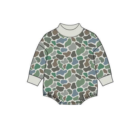 Preorder (moq 5) Baby Boy Clothes Green Duck Camo Print Long Sleeve Turtleneck Bubble Romper