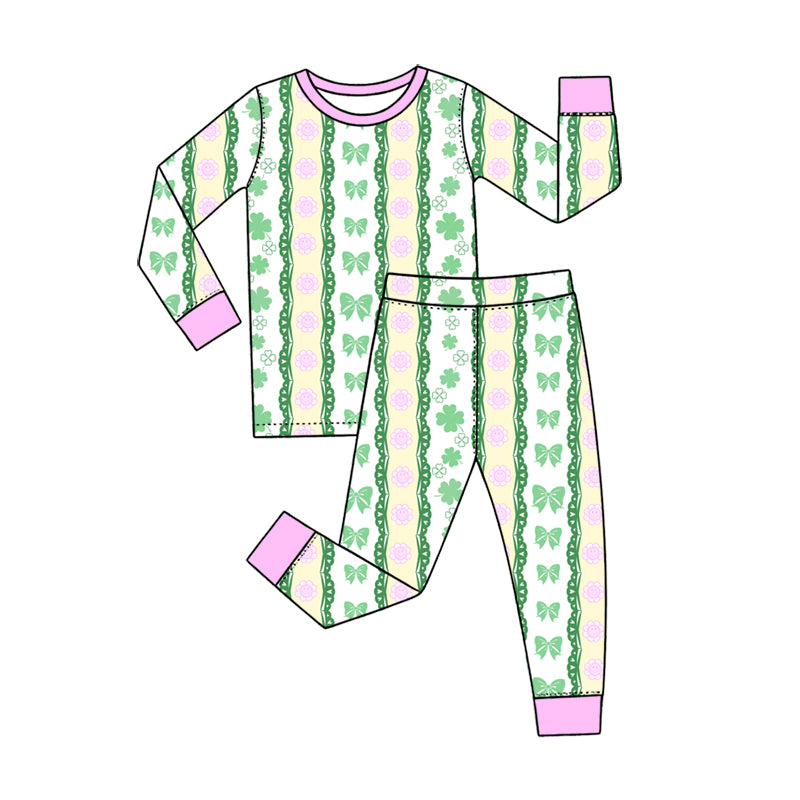 Preorder (moq 5) Baby Girl Clothes St Patricks Day Clover Bow Floral Vertical Stripe Print Long Sleeve Pajama Set