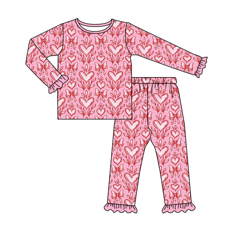 Preorder (moq 5) Baby Girl Clothes Vintage Heart Bow Damask Mixed Print Long Sleeve Ruffle Cuff Pajama Set