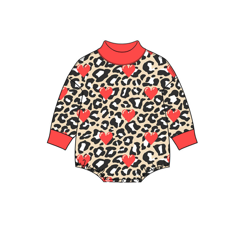 Preorder (moq 5) Baby Girl Clothes Valentine Beige Leopard Red Heart Allover Print Long Sleeve Turtleneck Bodysuit