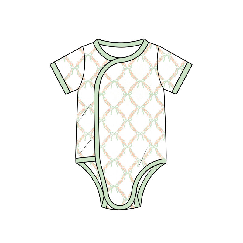 Preorder (moq 5) Baby Girl Clothes Green Bow Floral Lattice Mixed Print Short Sleeve Side Snap Bodysuit