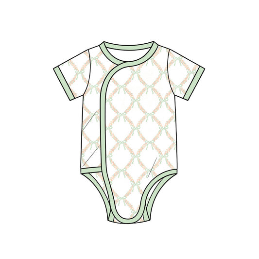 Preorder (moq 5) Baby Girl Clothes Green Bow Floral Lattice Mixed Print Short Sleeve Side Snap Bodysuit