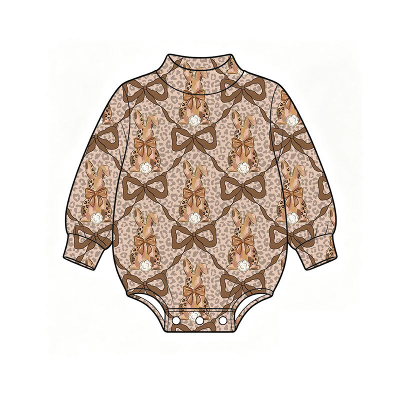 Preorder (moq 5) Baby Girl Clothes Easter Leopard Bunny Bow Pearl Print Long Sleeve Baby Romper