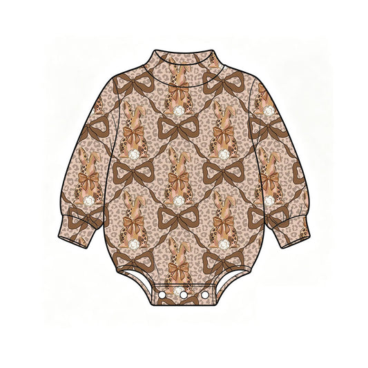 Preorder (moq 5) Baby Girl Clothes Easter Leopard Bunny Bow Pearl Print Long Sleeve Baby Romper