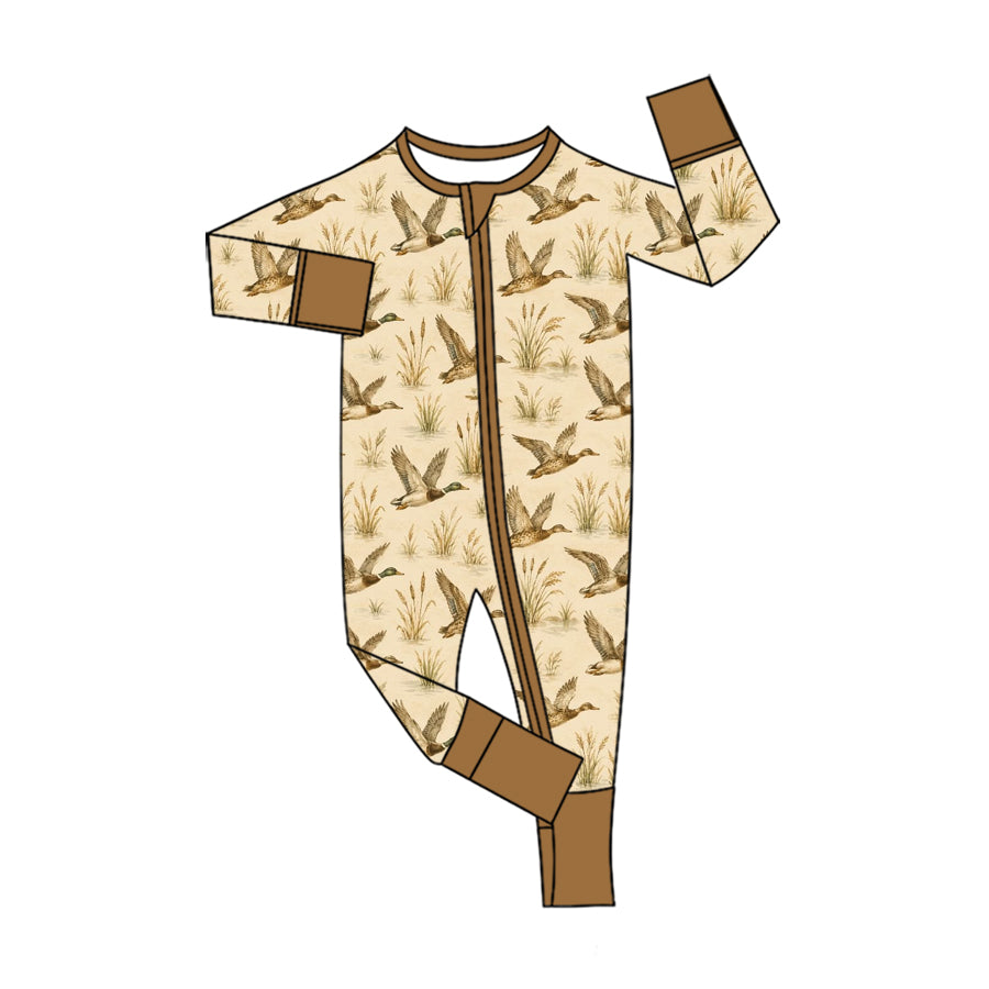 Preorder (moq 5) Baby Boy Clothes Retro Flying Mallard Duck Grass Print Long Sleeve Zipper Romper Jumpsuit