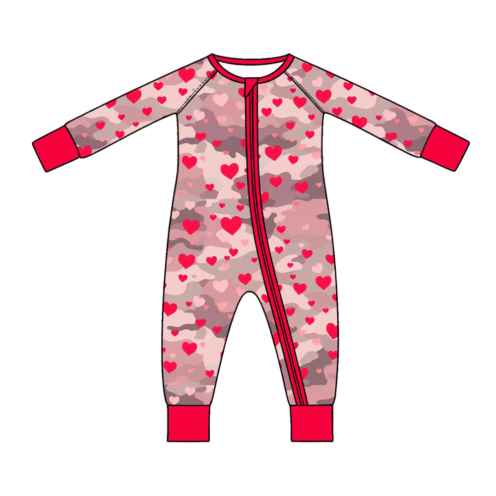 Preorder (moq 5) Baby Girl Clothes Dusty Camo Red Heart Mixed Print Long Sleeve Zipper Romper