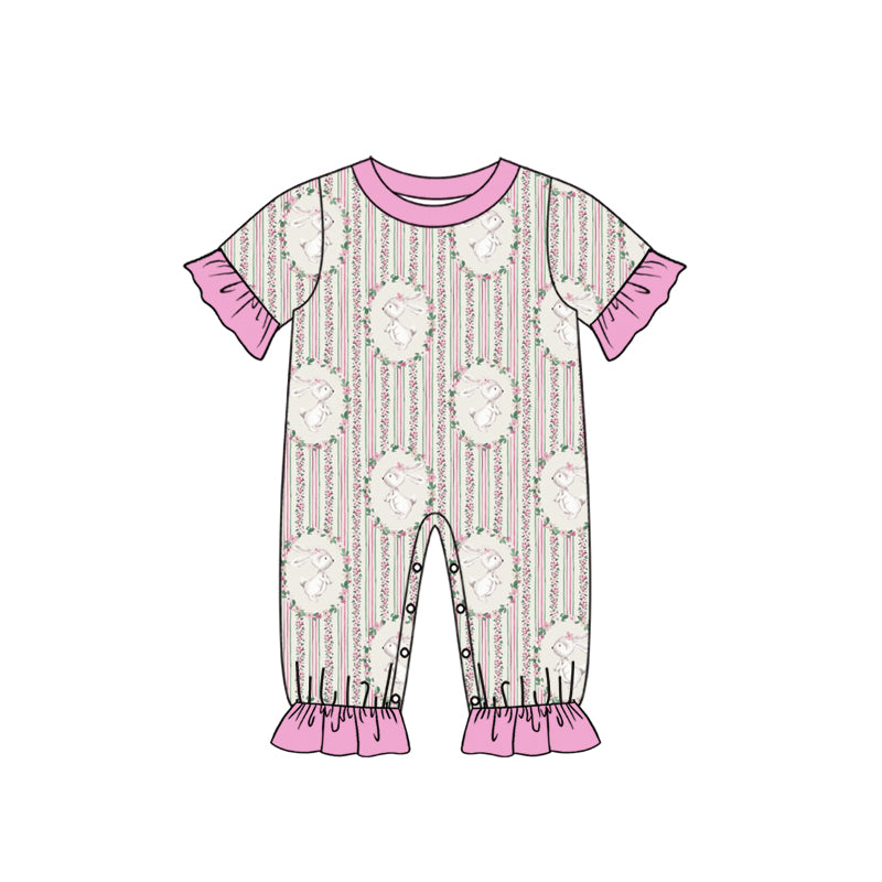 Preorder (moq 5) Baby Girl Clothes Easter Bunny Floral Circle Stripe Print Short Sleeve Ruffle Romper