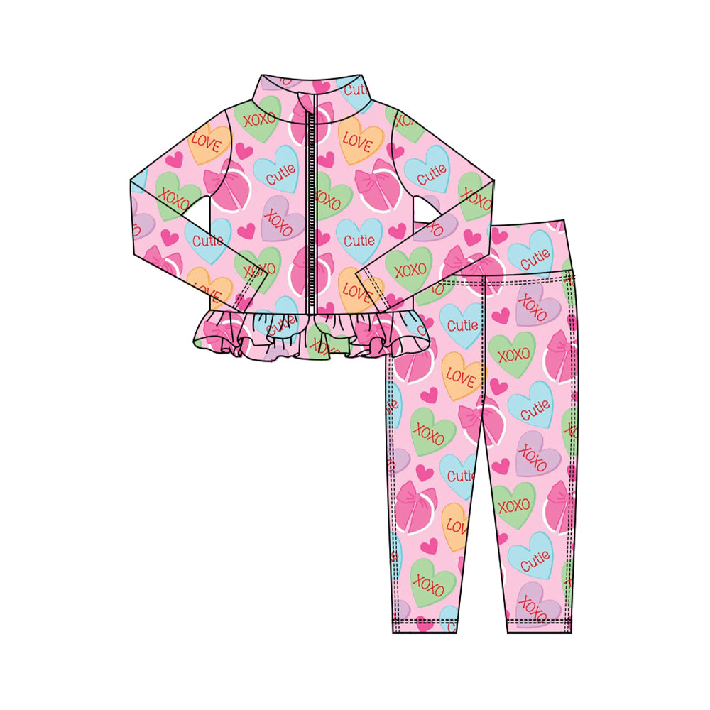 Preorder (moq 5) Baby Girl Clothes Valentine Colorful Love Heart Print Long Sleeve Zipper Ruffle Rash Guard Set