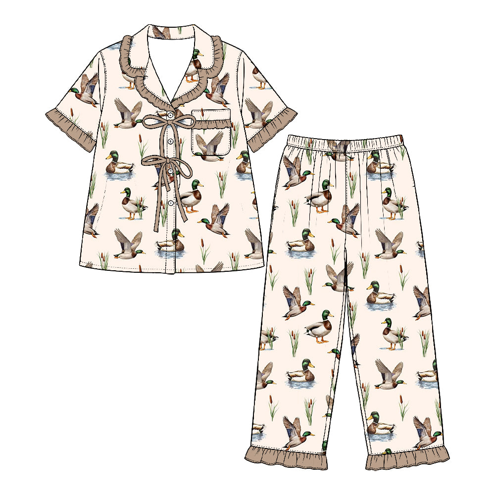 Preorder (moq 5) Baby Girl Clothes Mallard Duck Cattail Lake Print Short Sleeve Ruffle Pajama Set