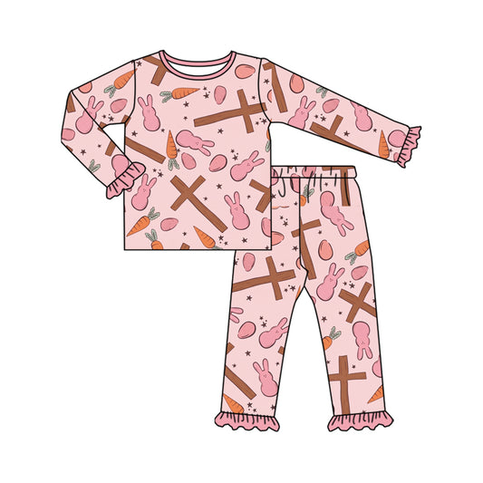 Preorder (moq 5) Baby Girl Clothes Easter Cross Bunny Carrot Egg Print Ruffle Long Sleeve Pajama Set