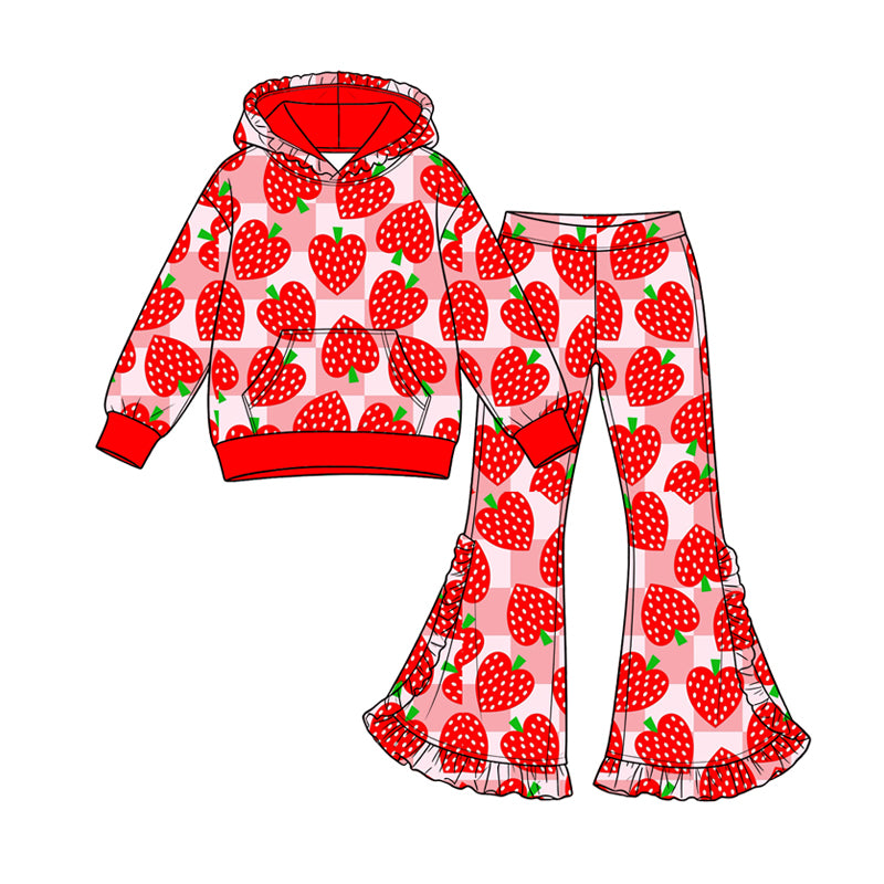 Preorder (moq 5) Baby Girl Clothes Strawberry Heart Checker Mixed Print Long Sleeve Hoodie Flare Pant Set