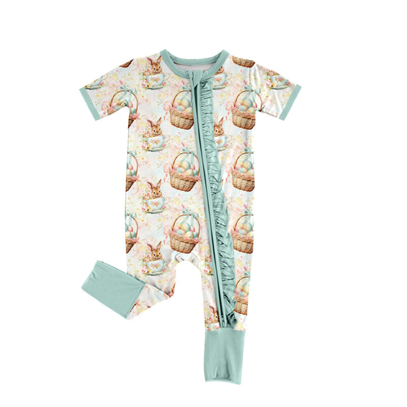 Preorder (moq 5) Baby Girl Clothes Easter Egg Basket Bunny Tea Cup Print Short Sleeve Zipper Ruffle Romper