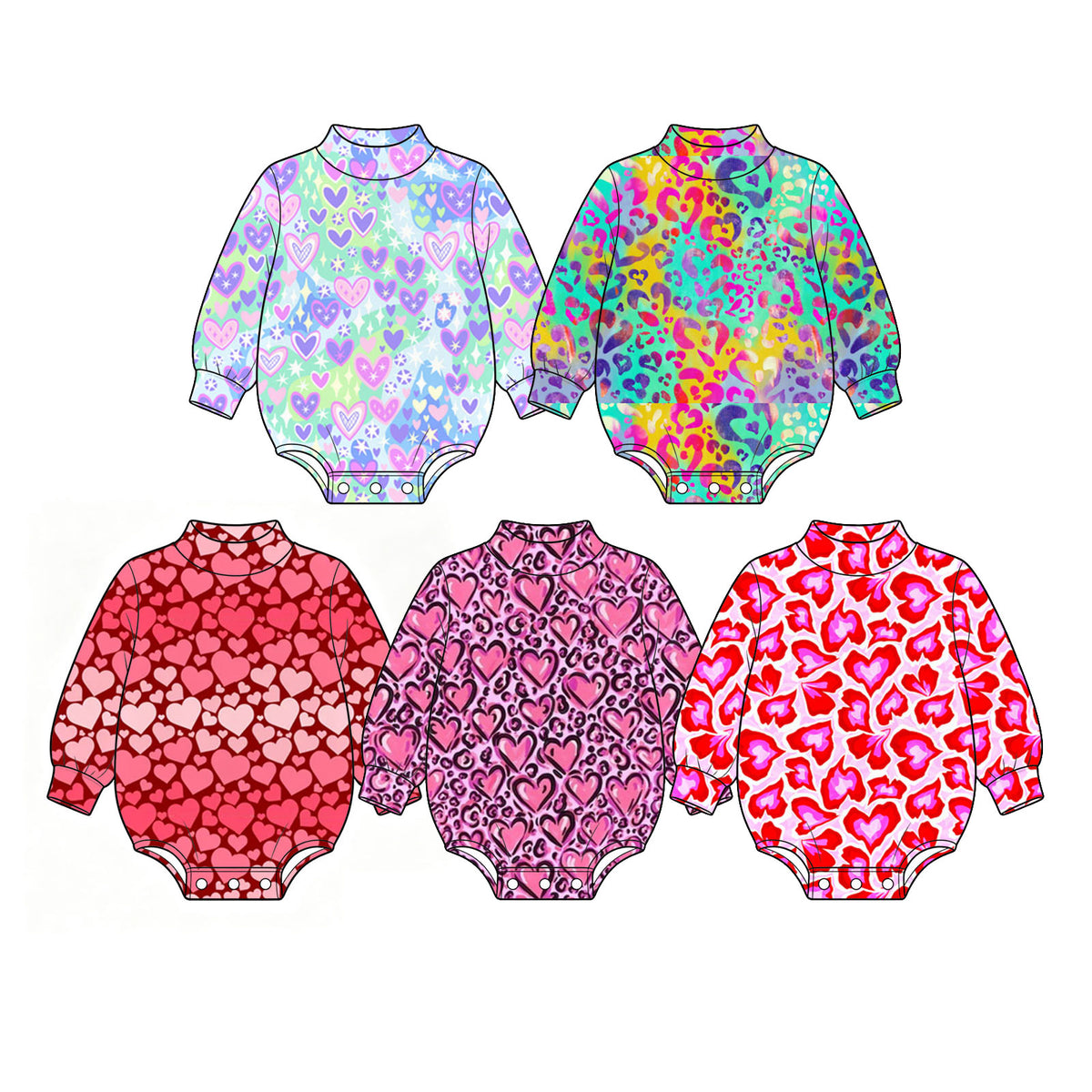 Preorder (moq 5) Baby Girl Clothes Valentine Red Pink Abstract Heart Print Long Sleeve Bubble Romper