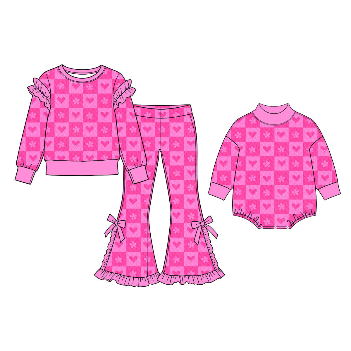 Preorder (moq 5) Baby Girl Clothes Valentine Heart Flower Checker Mixed Print Long Sleeve Mock Neck Bodysuit