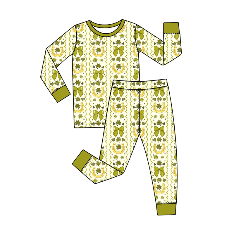 Preorder (moq 5) Baby Girl Clothes St Patricks Day Horseshoe Clover Bow Print Long Sleeve Pajama Set