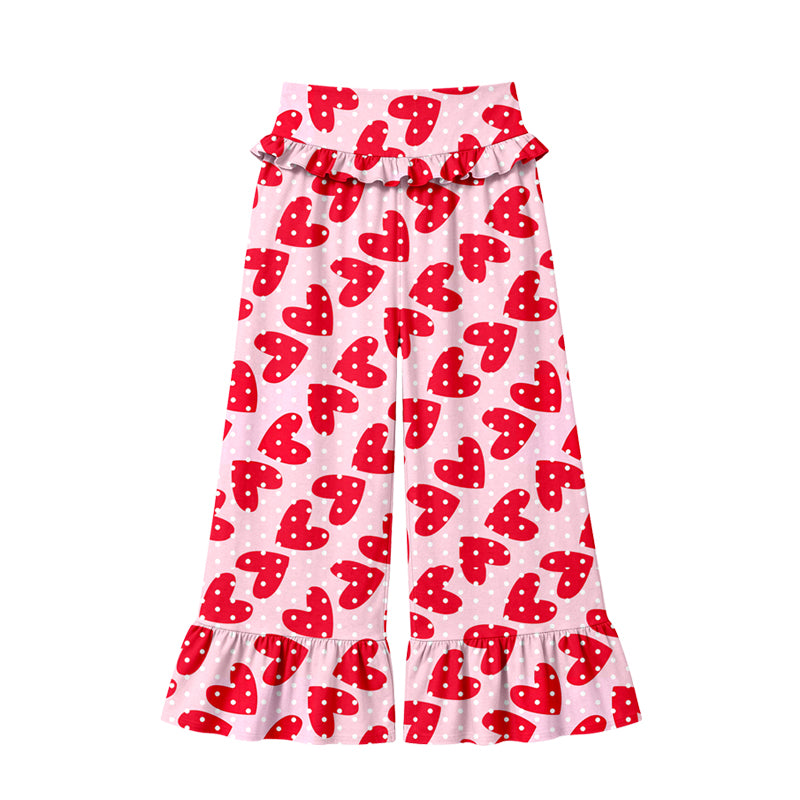 Preorder (moq 5) Women Clothes Red Heart White Polka Dot Print Ruffle High Waist Flare Pant