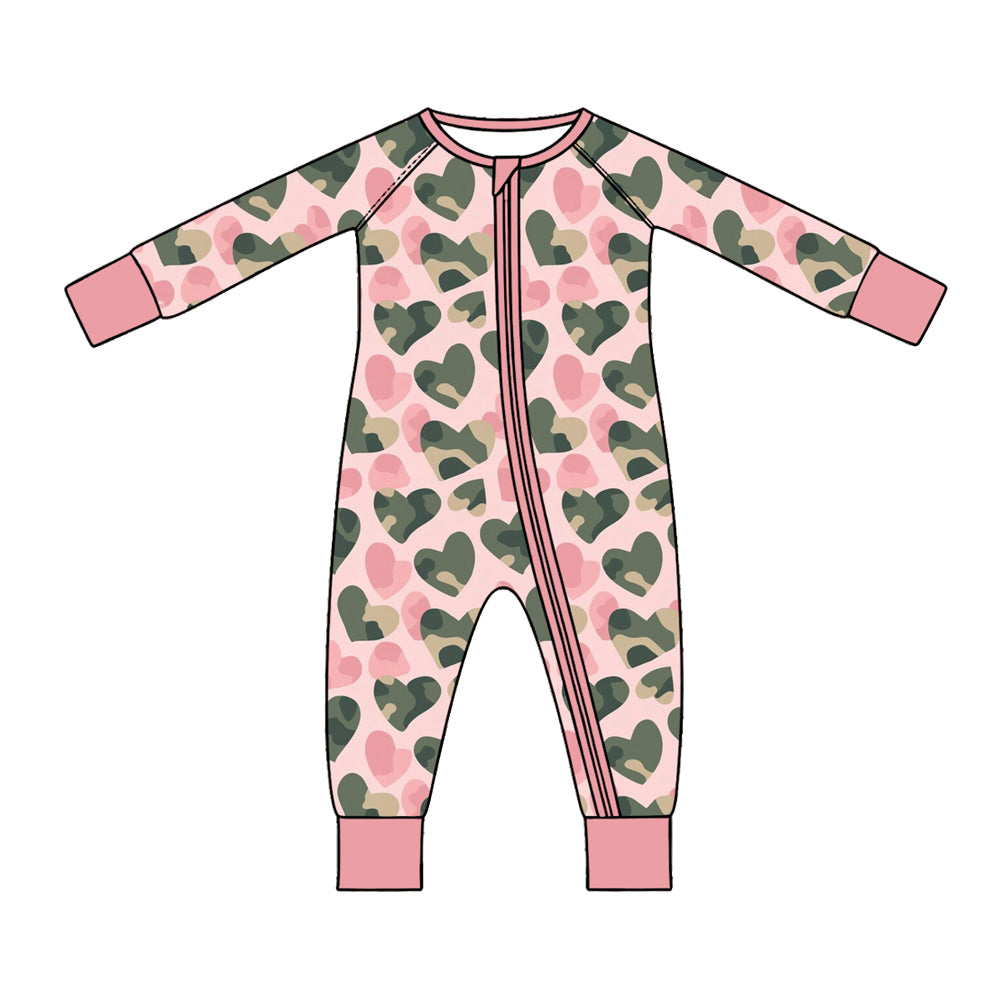 Preorder (moq 5) Baby Girl Clothes Pink Base Camo Heart Mixed Print Long Sleeve Zipper Romper