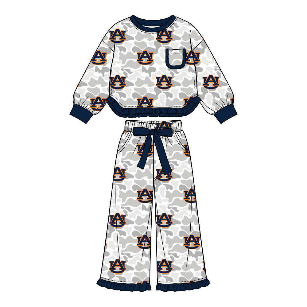 Preorder (moq 5) Auburn Baby Girl Clothes Grey Camo Logo Mixed Print Long Sleeve Ruffle Top Wide Leg Ruffle Pants Outfit Set