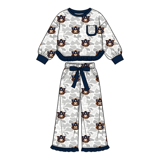 Preorder (moq 5) Auburn Baby Girl Clothes Grey Camo Logo Mixed Print Long Sleeve Ruffle Top Wide Leg Ruffle Pants Outfit Set