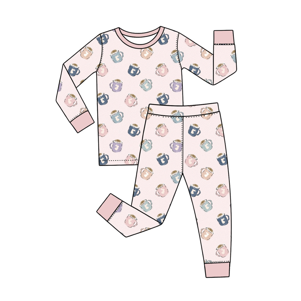 Preorder (moq 5) Baby Girl Clothes Easter Bunny Coffee Cup Mixed Print Long Sleeve Pajama Set