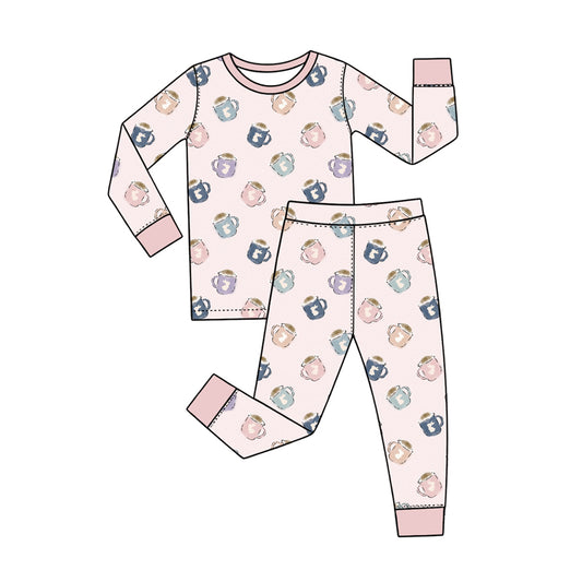 Preorder (moq 5) Baby Girl Clothes Easter Bunny Coffee Cup Mixed Print Long Sleeve Pajama Set