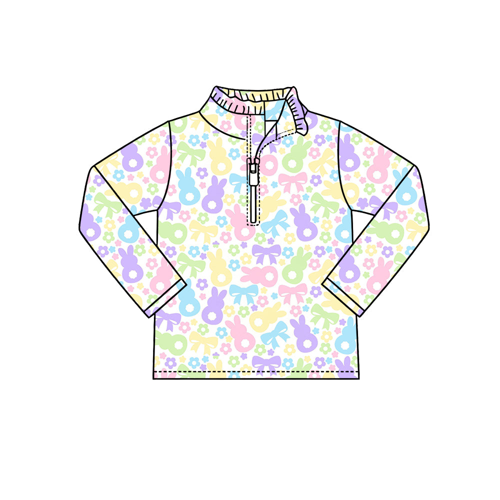 Preorder (moq 5) Baby Girl Clothes Pastel Bunny Bow Print Long Sleeve Half Zip Top