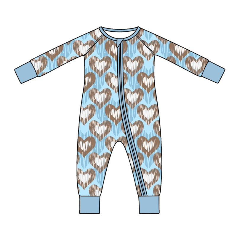 Preorder (moq 5) Baby Boy Clothes Blue Brown Heart Wood Grain Allover Print Long Sleeve Zipper Jumpsuit