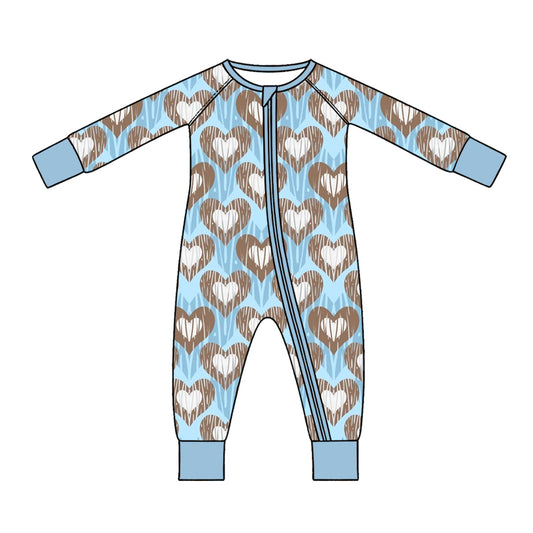 Preorder (moq 5) Baby Boy Clothes Blue Brown Heart Wood Grain Allover Print Long Sleeve Zipper Jumpsuit