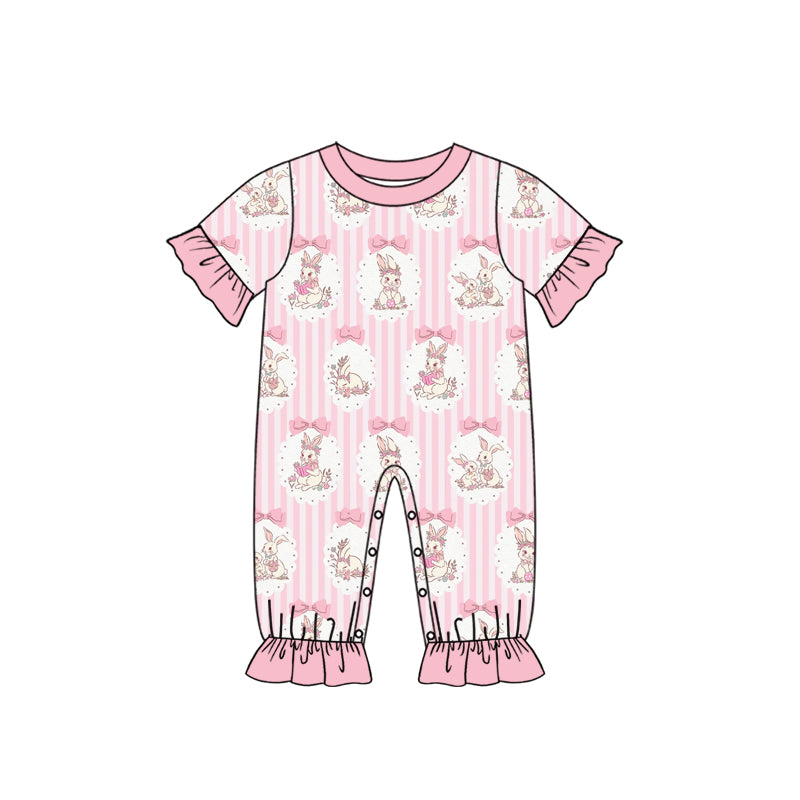 Preorder (moq 5) Baby Girl Clothes Easter Bunny Bow Pink Stripe Print Short Sleeve Ruffle Romper