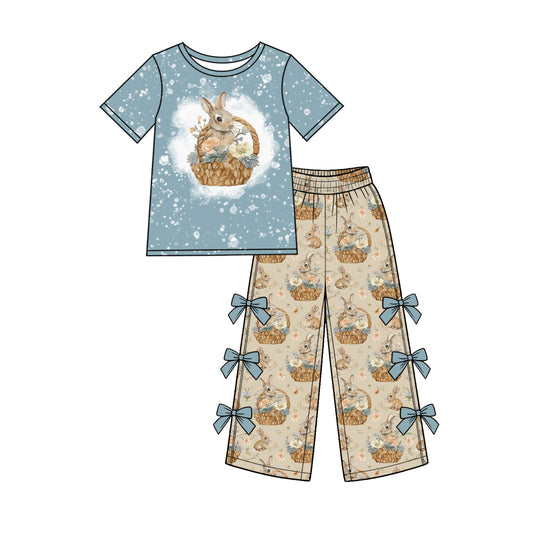 Preorder (moq 5) Baby Girl Clothes Vintage Floral Easter Bunny Basket Mixed Print Short Sleeve Bow Wide Leg Pant Set